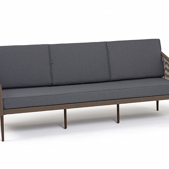 Канны диван 3-местный плетеный из роупа, каркас алюминий темно-серый (RAL7024) шагрень, роуп темно-серый круглый, ткань темно-серая 019 фото 3