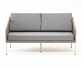 Канны диван 2-местный плетеный из роупа, каркас алюминий светло-серый (RAL7035) шагрень, роуп серый меланж круглый, ткань светло-серая