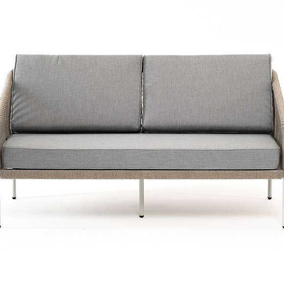 Канны диван 2-местный плетеный из роупа, каркас алюминий светло-серый (RAL7035) шагрень, роуп серый меланж круглый, ткань светло-серая фото 2