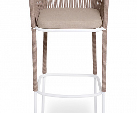 Марсель стул барный плетеный из роупа, каркас из стали белый муар, роуп бежевый круглый, ткань бежевая 15052