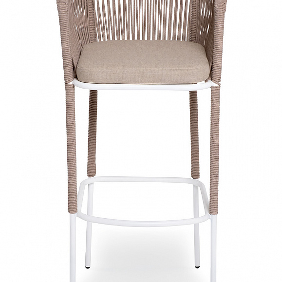 Марсель стул барный плетеный из роупа, каркас из стали белый муар, роуп бежевый круглый, ткань бежевая 15052 фото 2