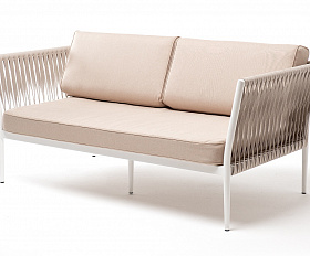 Касабланка диван 2-местный плетеный из роупа, каркас алюминий светло-серый (RAL7035) муар, роуп серо-коричневый 23мм, ткань бежевая 15052