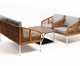 Канны лаунж-зона 4-местная из роупа со столом Глория цвет дуб, каркас алюминиевый белый, роуп оранжевый меланж