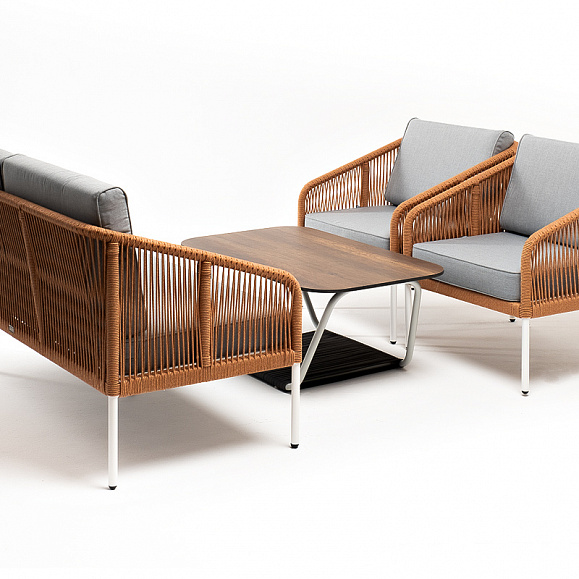 Канны лаунж-зона 4-местная из роупа со столом Глория цвет дуб, каркас алюминиевый белый, роуп оранжевый меланж фото 3