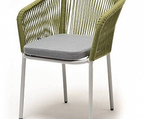 Стул Марсель 4SIS плетеный из роупа, каркас алюминий светло-серый (RAL7035) муар, роуп салатовый меланж круглый, ткань светло-серая