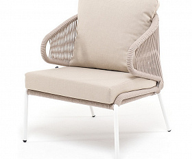 Милан кресло плетеное из роупа, каркас алюминий белый муар, роуп бежевый круглый, ткань бежевая 15052