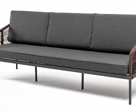 Канны диван 3-местный плетеный из роупа, каркас алюминий темно-серый (RAL7024) муар, роуп коричневый круглый, ткань темно-серая 027