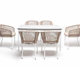 Обеденная группа Малага 4SIS на 6 персон со стульями "Марсель", каркас белый, роуп бежевый