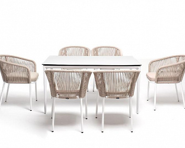 Обеденная группа Малага 4SIS на 6 персон со стульями "Марсель", каркас белый, роуп бежевый