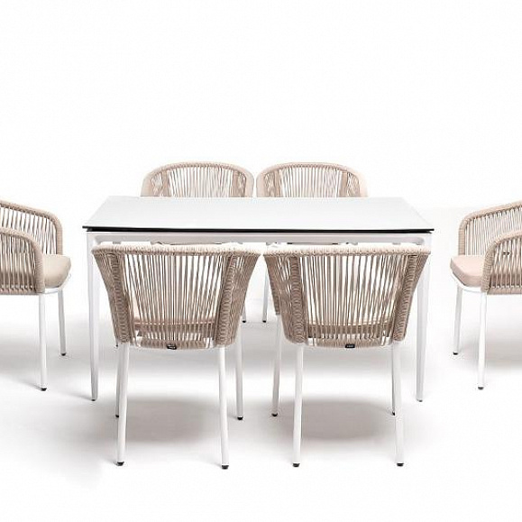 Обеденная группа Малага 4SIS на 6 персон со стульями "Марсель", каркас белый, роуп бежевый фото 3