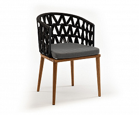 Диего стул плетеный из роупа, основание дуб, каркас из стали темно-серый (RAL7024) муар, роуп темно-серый круглый, ткань темно-серая 027