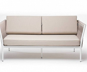 Диван Касабланка 4SIS 2-местный плетеный из роупа, каркас алюминий белый муар, роуп бежевый 20мм, ткань бежевая 15052