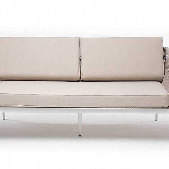 Диван Касабланка 4SIS 2-местный плетеный из роупа, каркас алюминий белый муар, роуп бежевый 20мм, ткань бежевая 15052 фото 2