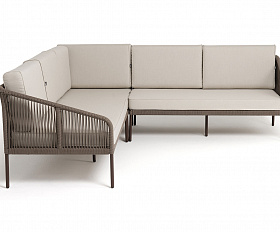 Канны диван модульный плетеный из роупа, каркас алюминий коричневый (RAL8016) муар, роуп коричневый круглый, ткань бежевая 15052