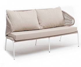 Диван Милан 4SIS 2-местный плетеный из роупа, каркас алюминий белый муар, роуп бежевый круглый, ткань бежевая 35