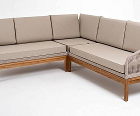 Диван Канны 4SIS модульный плетеный из роупа, основание дуб, роуп бежевый круглый, ткань бежевая 52