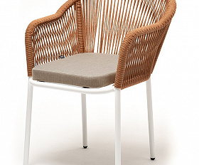 Лион стул плетеный из роупа, каркас алюминий светло-серый (RAL7035) муар, роуп оранжевый меланж круглый, ткань бежевая 15052