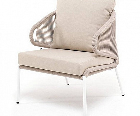 Кресло Милан 4SIS плетеное из роупа, каркас алюминий белый муар, роуп бежевый круглый, ткань бежевая 52