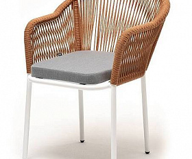 Стул Лион 4SIS плетеный из роупа, каркас алюминий светло-серый (RAL7035) муар, роуп оранжевый меланж круглый, ткань бежевая 52