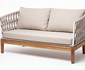 Диван Диего 4SIS 2-местный плетеный из роупа, основание дуб, каркас алюминий белый муар, роуп бежевый круглый, ткань бежевая 35