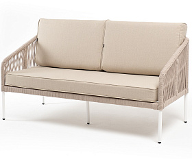 Канны диван 2-местный плетеный из роупа, каркас алюминий белый муар, роуп бежевый круглый, ткань бежевая 15052