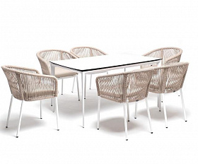 Обеденная группа Малага 4SIS на 6 персон со стульями "Марсель", каркас белый, роуп бежевый