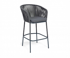 Бордо стул барный плетеный из роупа, каркас из стали темно-серый (RAL7024) муар, роуп серый 15мм, ткань темно-серая 027 NEW