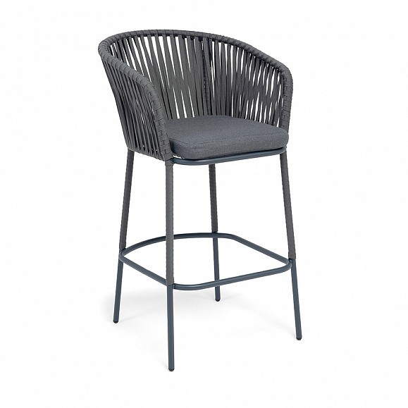 Бордо стул барный плетеный из роупа, каркас из стали темно-серый (RAL7024) муар, роуп серый 15мм, ткань темно-серая 027 NEW фото 2