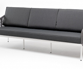 Канны диван 3-местный плетеный из роупа, каркас алюминий белый муар, роуп светло-серый круглый, ткань темно-серая 027