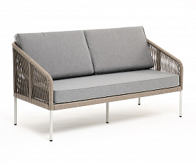 Канны диван 2-местный плетеный из роупа, каркас алюминий светло-серый (RAL7035) шагрень, роуп серый меланж круглый, ткань светло-серая