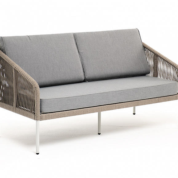 Канны диван 2-местный плетеный из роупа, каркас алюминий светло-серый (RAL7035) шагрень, роуп серый меланж круглый, ткань светло-серая фото 3
