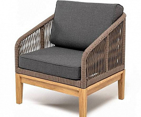 Кресло Канны 4SIS плетеное из роупа, основание дуб, роуп коричневый круглый, ткань темно-серая 27