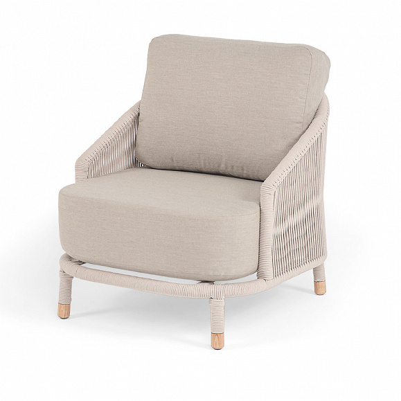 Верона кресло плетеное из роупа, каркас алюминий белый муар, роуп бежевый круглый, ткань бежевая 15052 фото 1