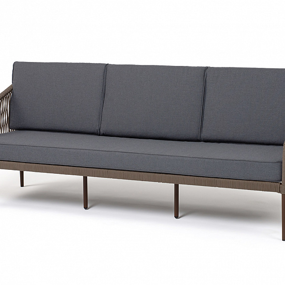 Канны диван 3-местный плетеный из роупа, каркас алюминий темно-серый (RAL7024) шагрень, роуп темно-серый круглый, ткань темно-серая 019 фото 1