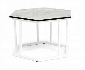 Женева интерьерный стол из HPL шестиугольный, D50, H35, цвет мрамор пепел, каркас из стали белый муар