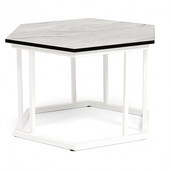 Женева интерьерный стол из HPL шестиугольный, D50, H35, цвет мрамор пепел, каркас из стали белый муар фото 2