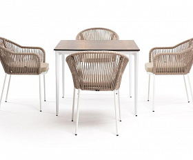 Обеденная группа Малага 4SIS на 4 персоны со стульями "Лион", каркас белый, роуп бежевый