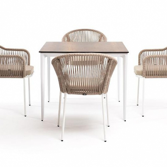 Обеденная группа Малага 4SIS на 4 персоны со стульями "Лион", каркас белый, роуп бежевый фото 3