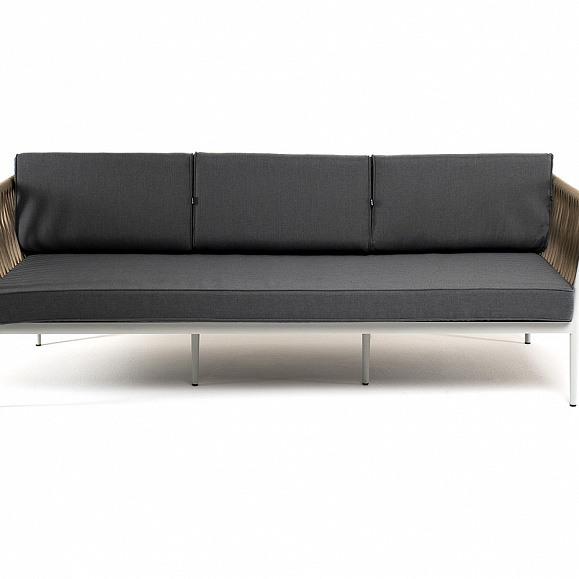 Касабланка диван 3-местный плетеный из роупа, каркас алюминий светло-серый (RAL7035) муар, роуп серо-коричневый 23мм, ткань серая 017 фото 2