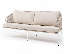 Диван трехместный Милан 4SIS из роупа (веревки), каркас алюминий белый, роуп бежевый круглый, ткань бежевая