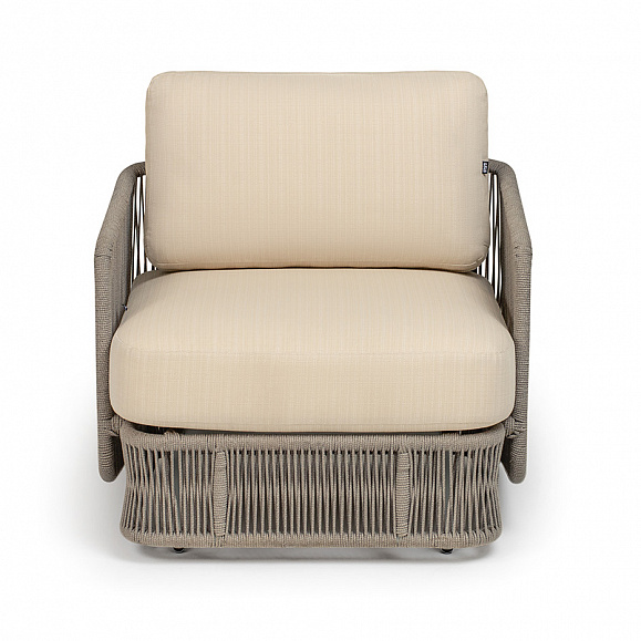 Альбано кресло плетеное из роупа, каркас алюминий светло-серый (RAL7035) муар, роуп серый меланж круглый, ткань Mossle светло-бежевая фото 2