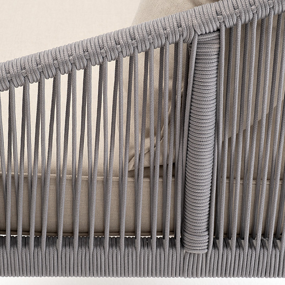 Канны диван 3-местный плетеный из роупа, каркас алюминий белый муар, роуп светло-серый круглый, ткань бежевая 15052 фото 5