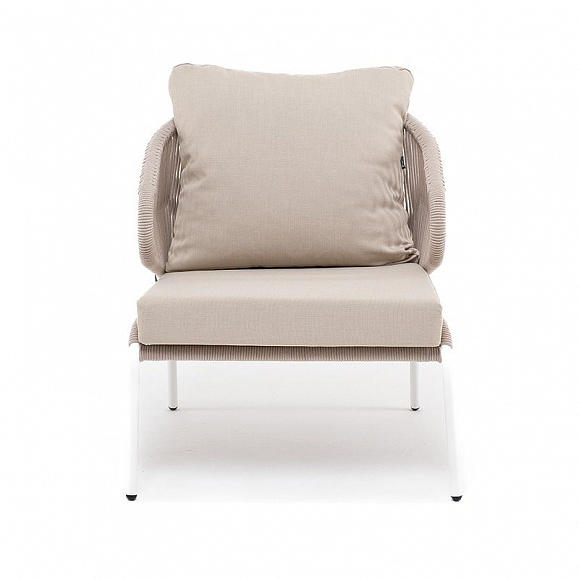 Кресло плетеное Милан 4SIS из роупа, каркас алюминий белый шагрень, роуп бежевый круглый, ткань бежевая фото 3