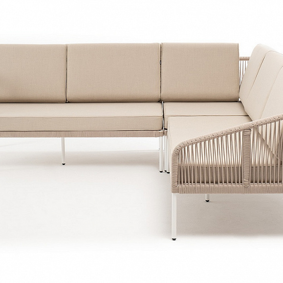 Канны диван модульный плетеный из роупа, каркас алюминий белый, роуп бежевый круглый, ткань бежевая 035 фото 1