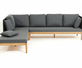 Диван Каталония 4SIS модульный плетеный из роупа, основание дуб, роуп темно-серый круглый, ткань темно-серая 27