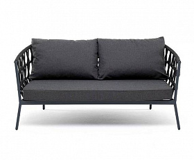 Диван Диего 4SIS 2-местный плетеный из роупа, каркас алюминий темно-серый (RAL7024) муар, роуп темно-серый круглый, ткань темно-серая 27