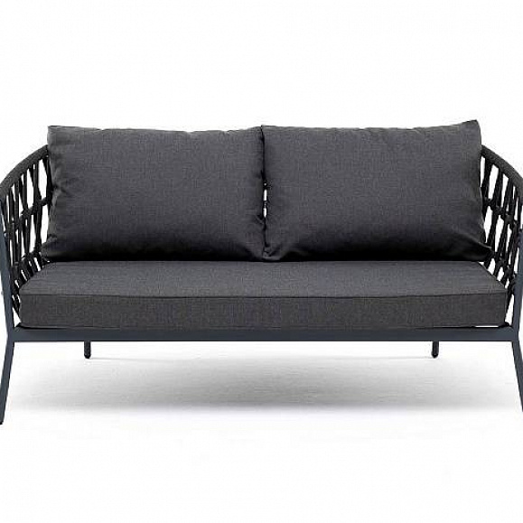 Диван Диего 4SIS 2-местный плетеный из роупа, каркас алюминий темно-серый (RAL7024) муар, роуп темно-серый круглый, ткань темно-серая 27 фото 2