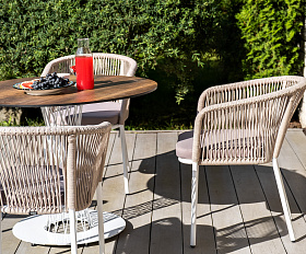 Марсель стул плетеный из роупа, каркас алюминий белый муар, роуп бежевый круглый, ткань бежевая 15052