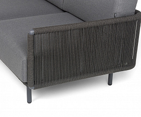 Джелло диван 3-местный плетеный из роупа, каркас алюминий темно-серый (RAL7024) муар, роуп темно-серый круглый, ткань темно-серая 027