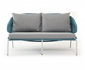 Диван двухместный Милан 4SIS из роупа (веревки), каркас алюминий светло-серый (RAL7035) шагрень, роуп бирюзовый круглый, ткань светло-серая